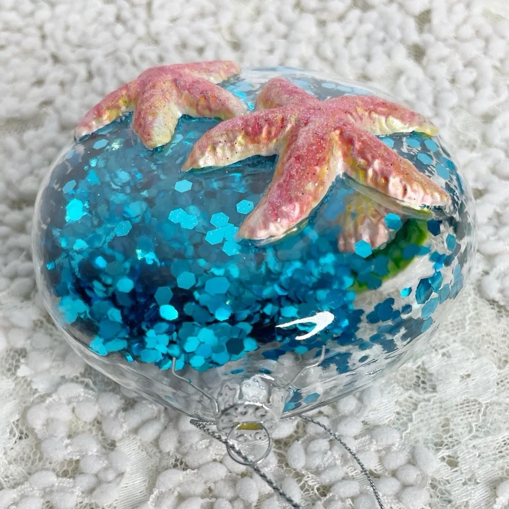 Pottery Barn Glass Starfish And Seashells With Blue Glitter Ornament Coastal